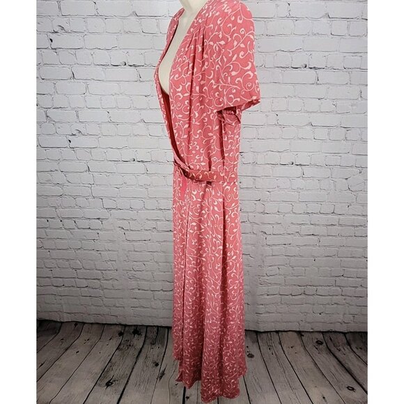 Papillon Pink 100% Silk Leaf Print Short Sleeve Belted Lined Long Wrap Dress 16 - Picture 13 of 14